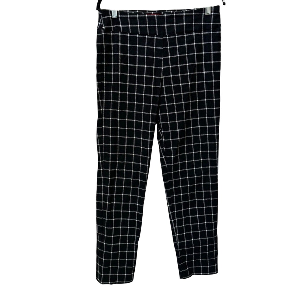 Krazy Larry Pants Women 10 Black White Grid Plaid Pull On Ankle Stretch Trousers